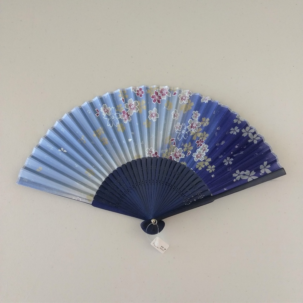 Japanese style dark blue floral folding fan